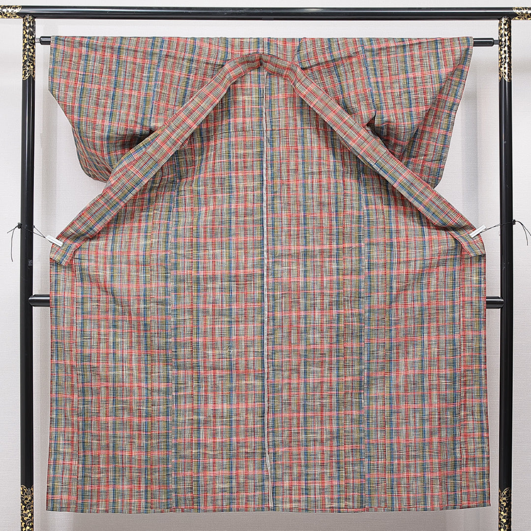 紬 単衣 身丈150cm 裄丈61cm 正絹 Sランク カジュアル バチ衿 Sサイズ 格子 多色系 RP 1223-15728