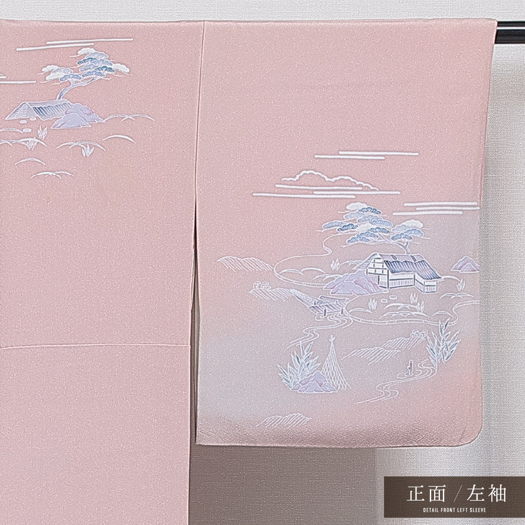 訪問着 袷 身丈161cm 裄丈64cm 正絹 Cランク セミフォーマル 広衿 Lサイズ ぼかし 茶屋辻 古典的 しとやか ピンク系 RP 1217-16045