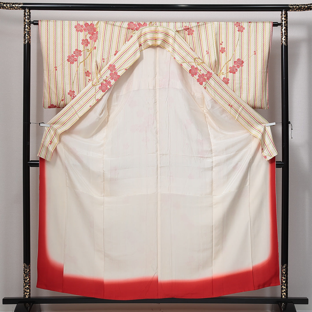 小紋 袷 身丈155cm 裄丈62cm レーヨン Cランク インフォーマル 広衿 Mサイズ 証紙 縞 桜 クリーム系 LP 1221-15009