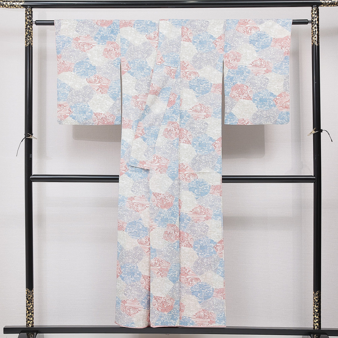 洗える着物 小紋 袷 身丈150cm 裄丈62cm ポリエステル Bランク インフォーマル 広衿 Sサイズ 茶屋辻 多色系 HP 1221-15837