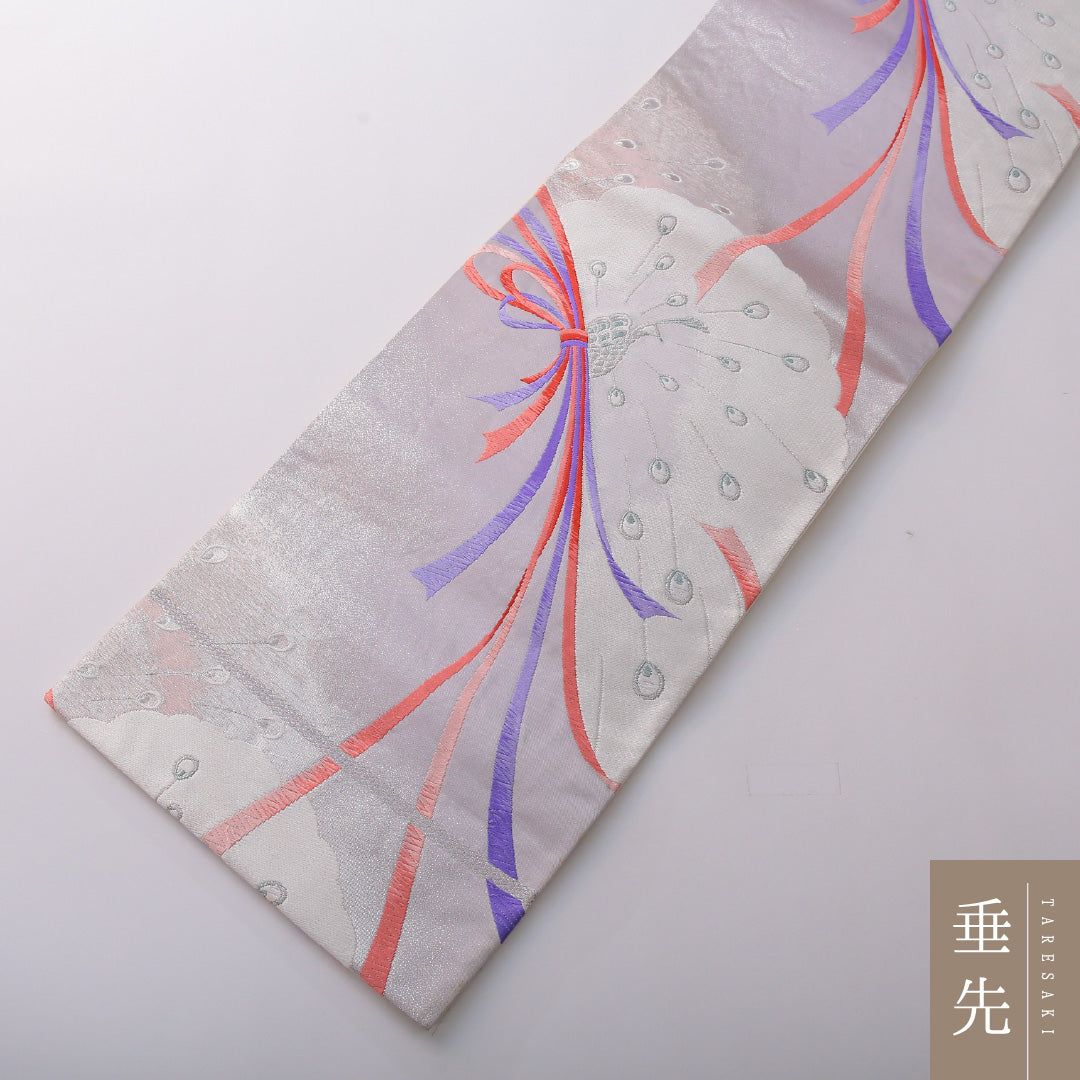 振袖用 袋帯 帯丈424cm 正絹 六通 孔雀 紫系 銀系 1243-02039