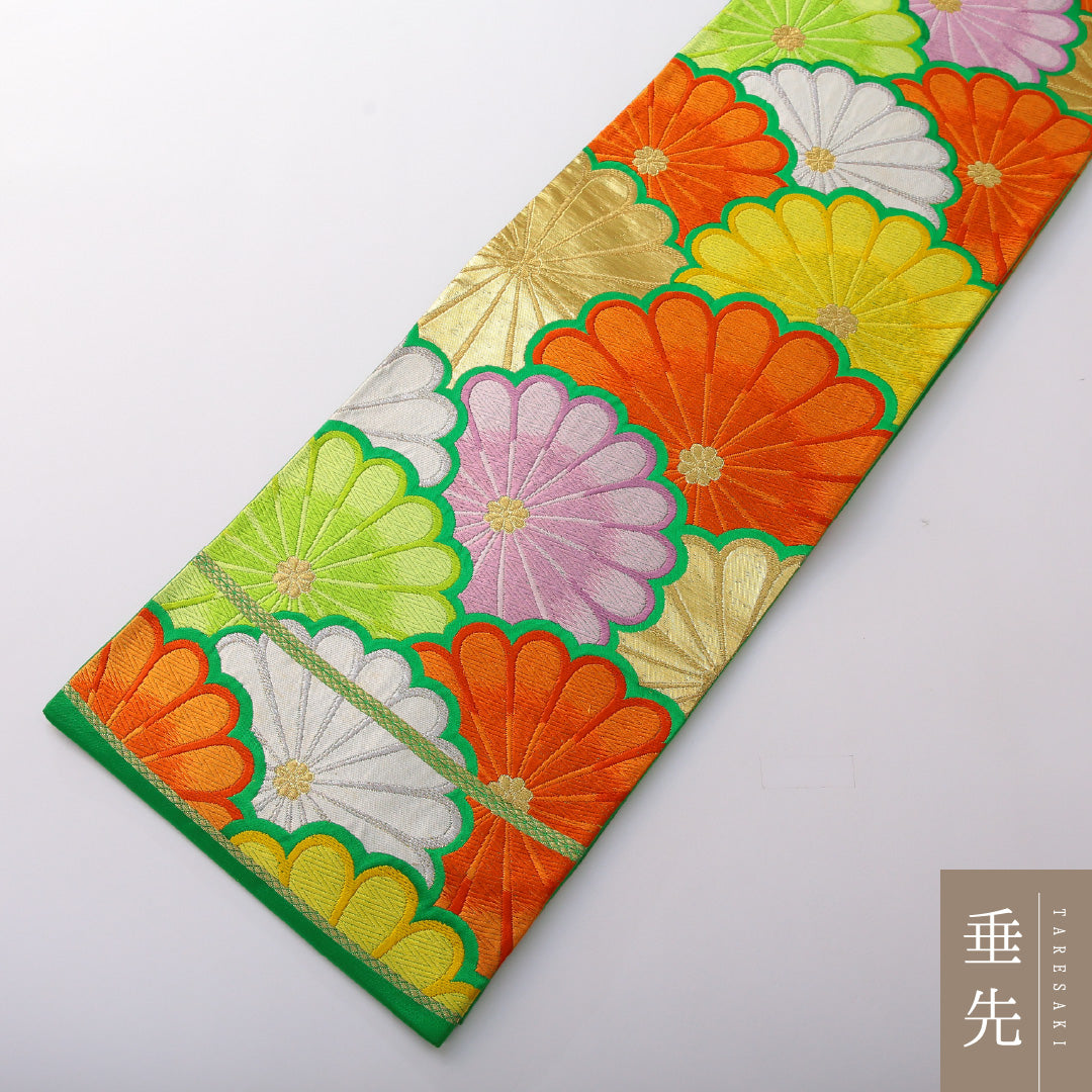 袋帯 帯丈424cm 正絹 六通 菊 緑系 1243-02046