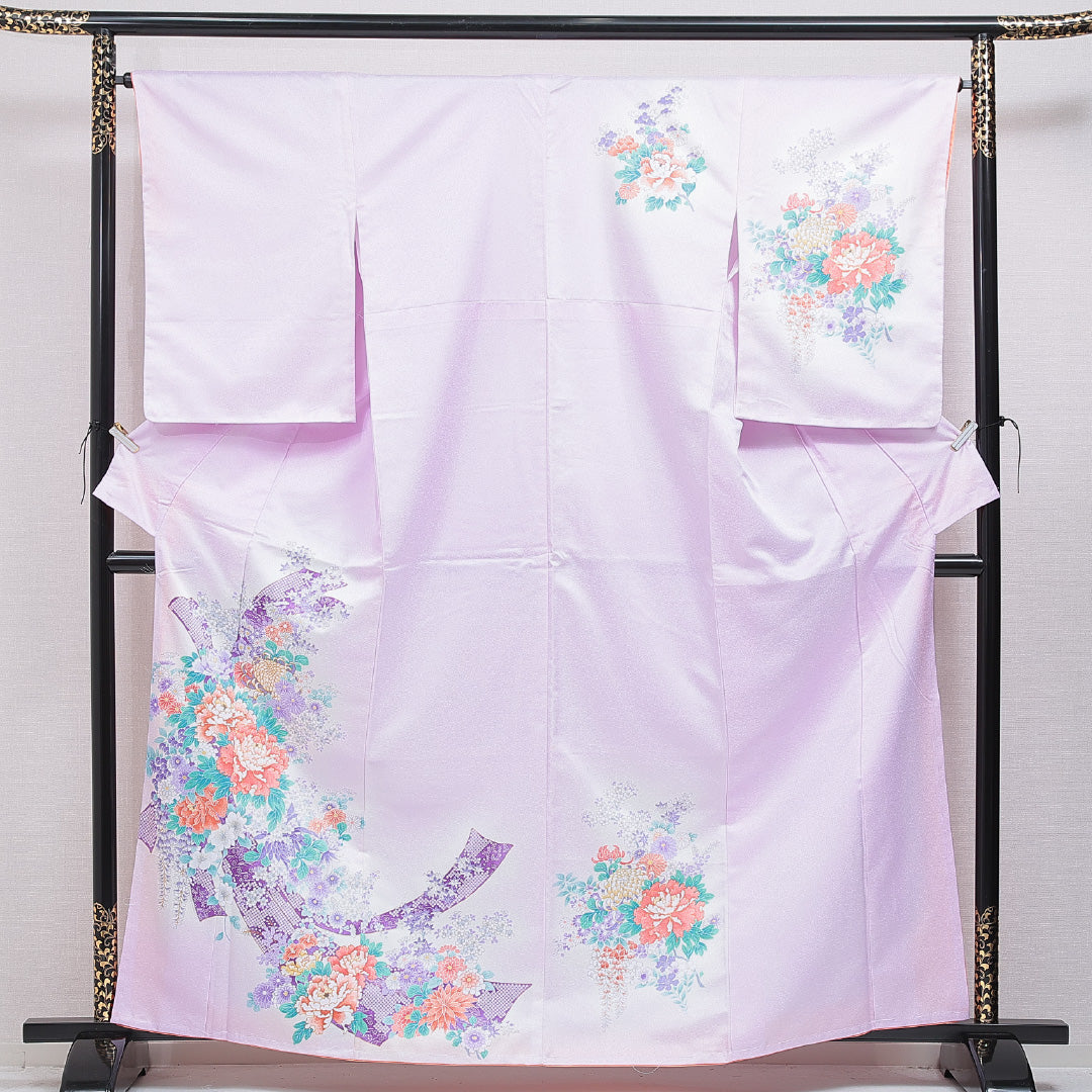 訪問着 洗える着物 袷 身丈164cm 裄丈64cm ポリエステル Aランク Lサイズ 広衿 セミフォーマル 熨斗 牡丹 紫系 1212-16213