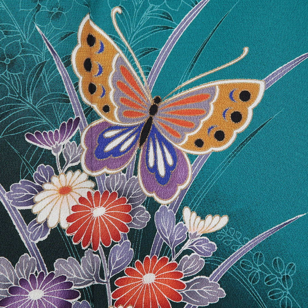 振袖 袷 身丈169cm 裄丈65cm フォーマル Aランク XLサイズ ポリエステル 洗える着物 広衿 蝶 菊 1213-F0717