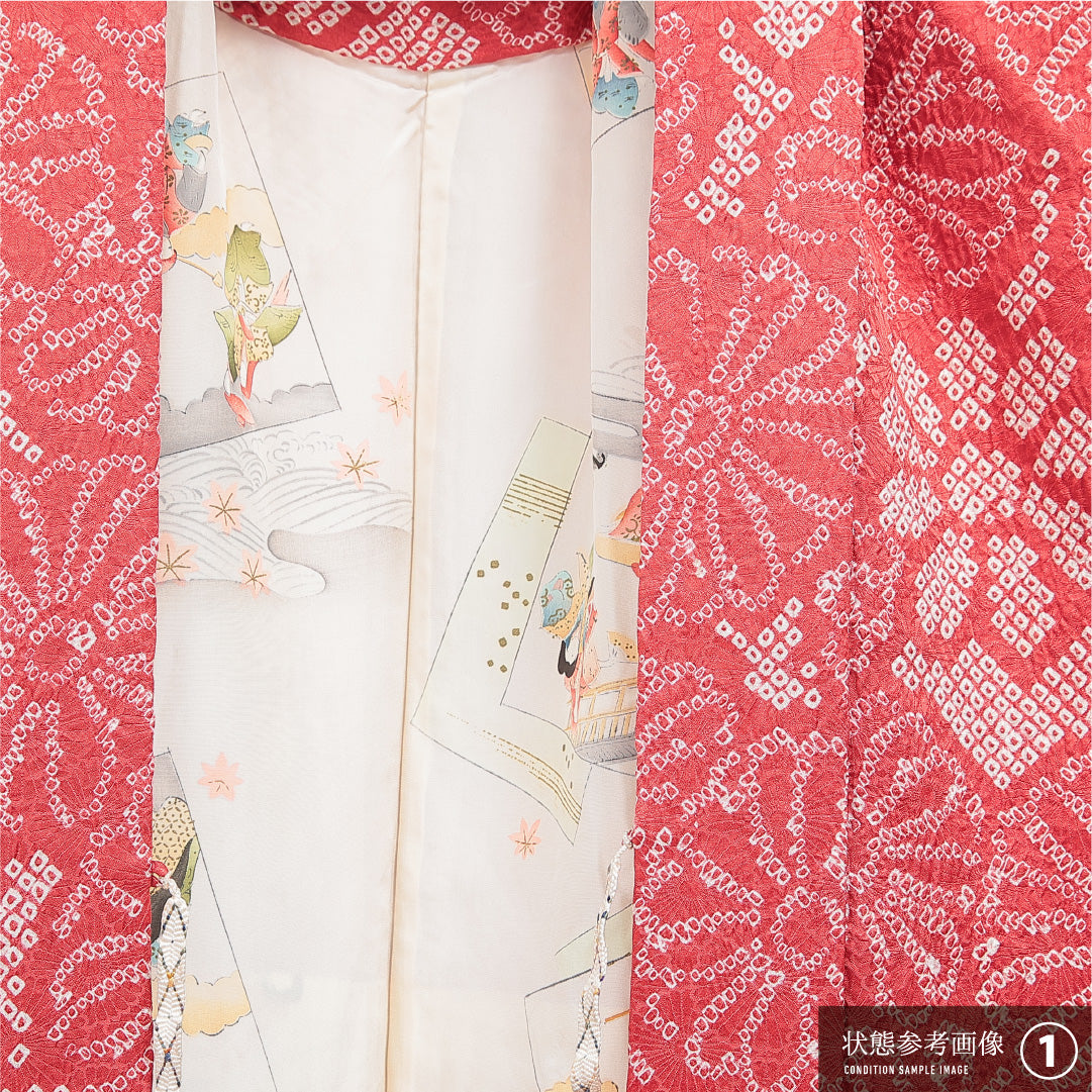 羽織 袷 身丈77cm 裄丈65cm 正絹 Aランク カジュアル Mサイズ 紐あり 菊 赤系 HP 1232-16454