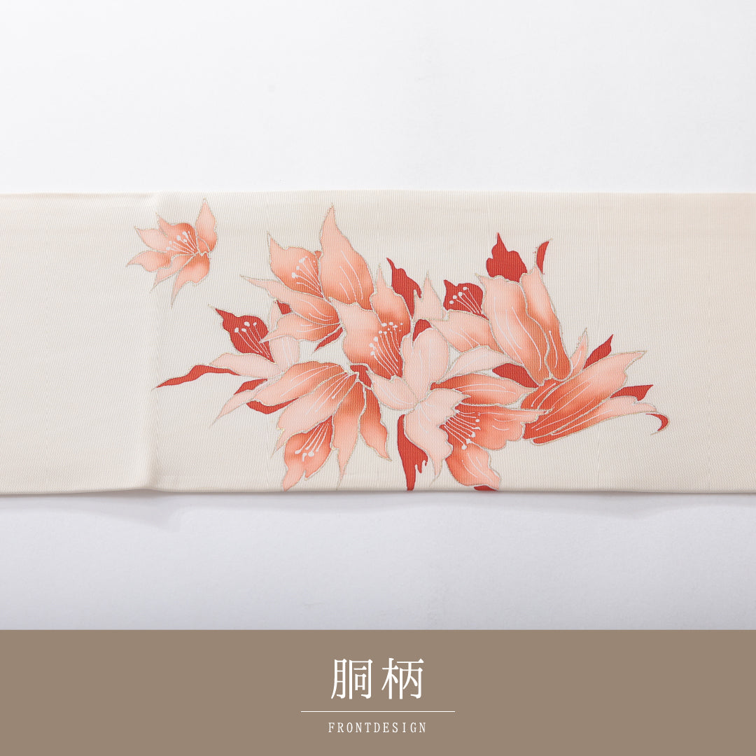 九寸名古屋帯 Cランク 帯丈372cm 正絹 ポイント柄 名古屋仕立て 染め インフォーマル 塩瀬 花柄 淡いクリーム系 HP 1245-03889