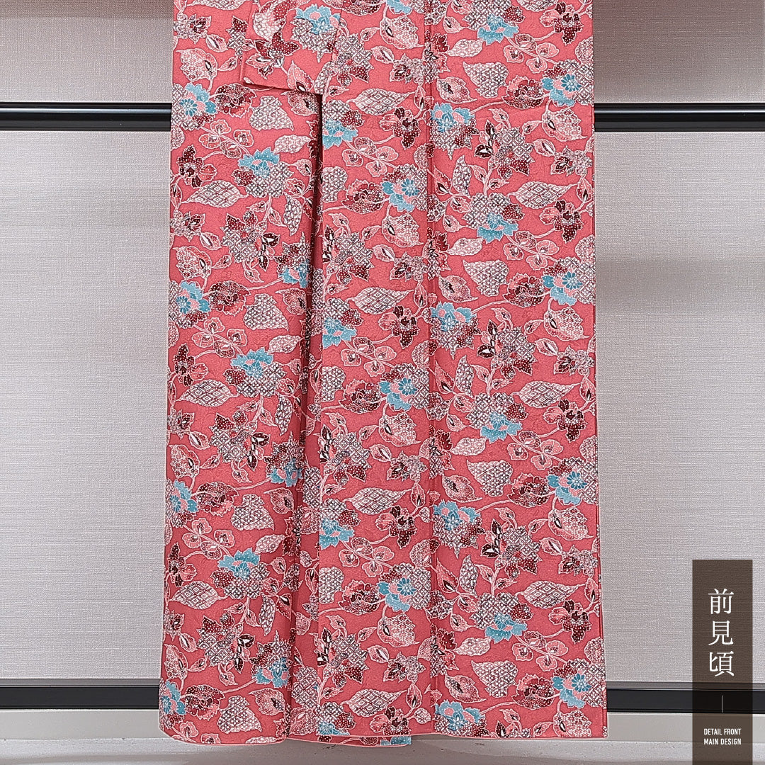 洗える着物 小紋 袷 身丈157cm 裄丈66cm ポリエステル Sランク インフォーマル 広衿 Mサイズ 七宝 花柄 ピンク系 RP 1221-15850