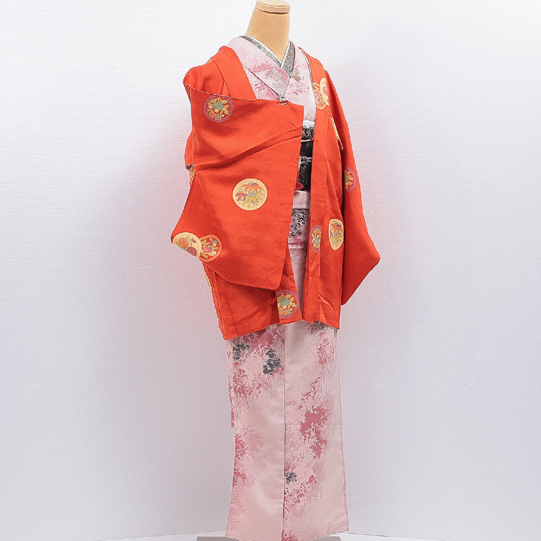 羽織 袷 身丈79cm 裄丈65cm 正絹 Sランク カジュアル Mサイズ 紐あり 花柄 丸文 朱系 RP 1232-16128