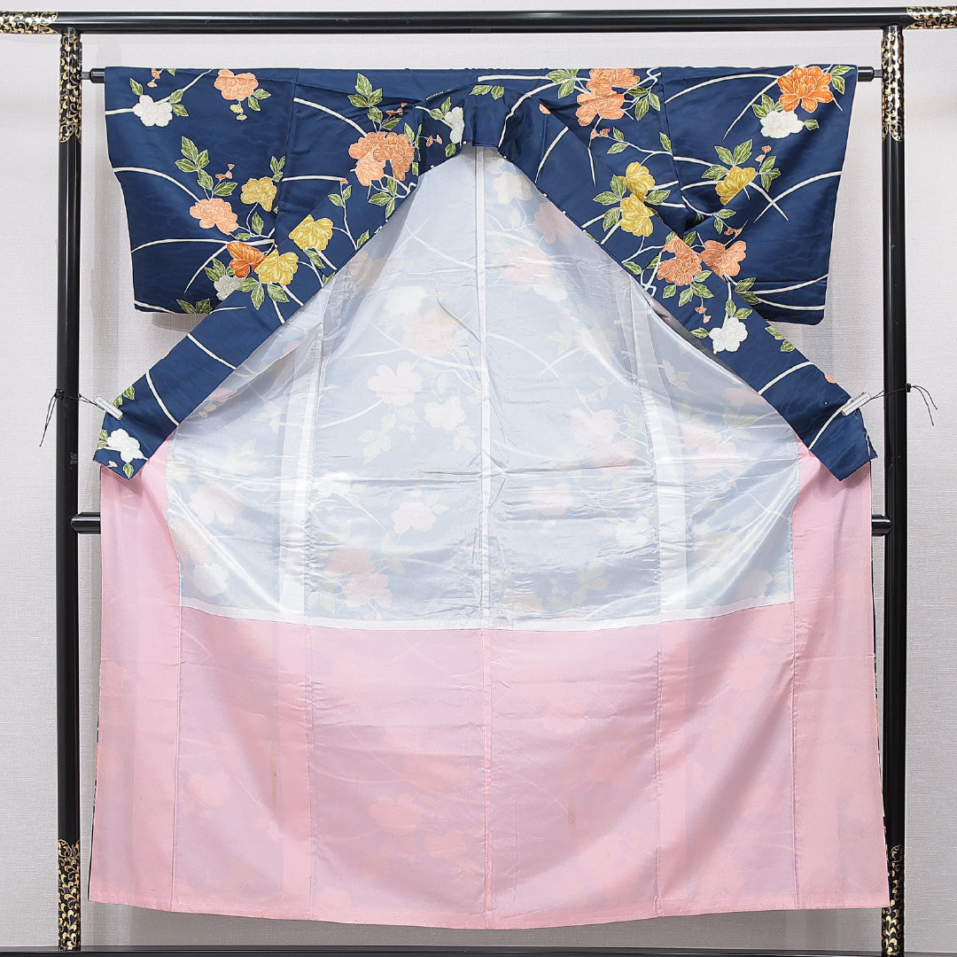 小紋 洗える着物 袷 身丈156cm 裄丈63cm ポリエステル Bランク Mサイズ 広衿 インフォーマル 牡丹 青系 1215-15802