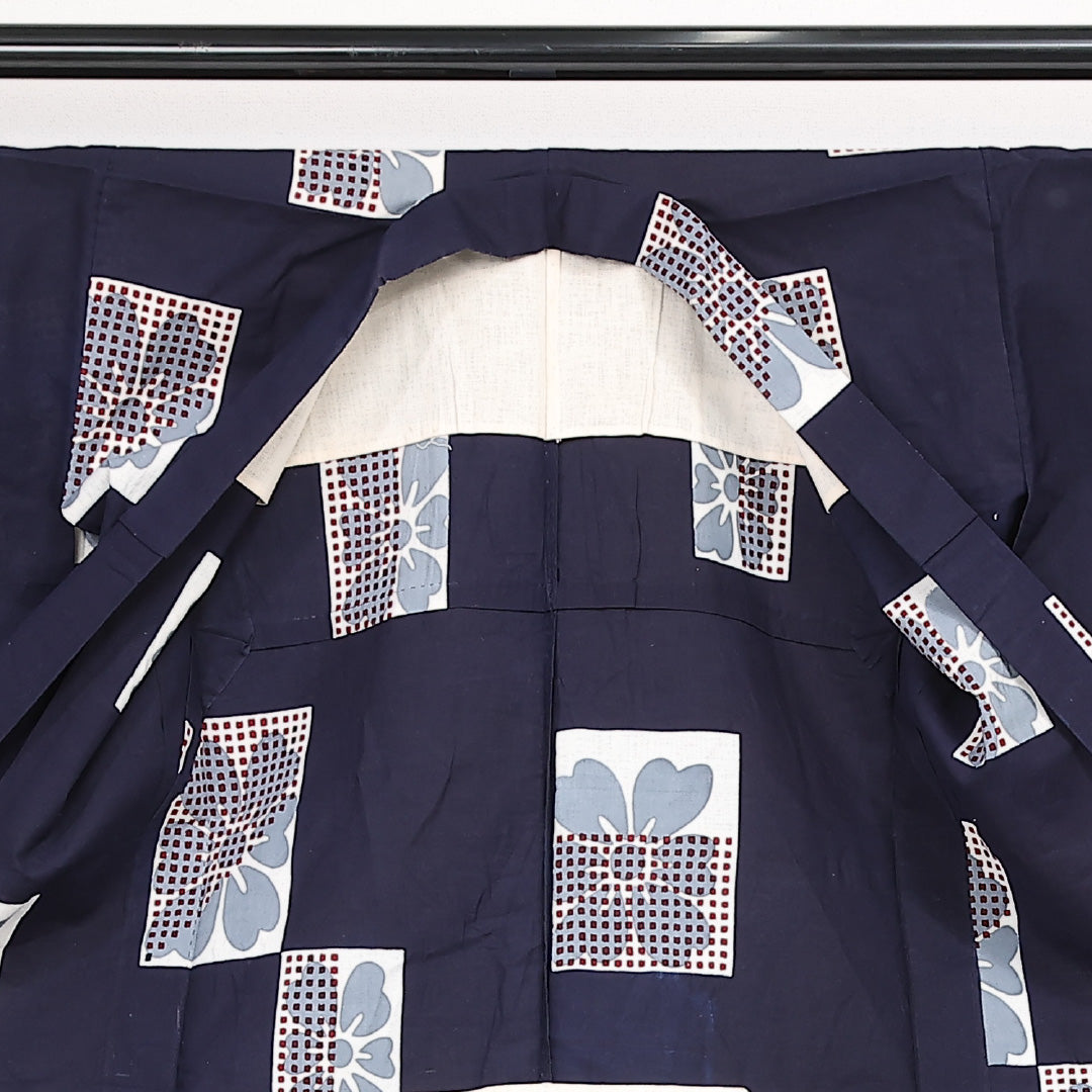 アンティーク 木綿の浴衣 夏物 洗える着物 夏物 身丈153cm 裄丈62cm 木綿 Aランク Sサイズ バチ衿 居敷当て 肩当て 花柄 紺系 1218-13184