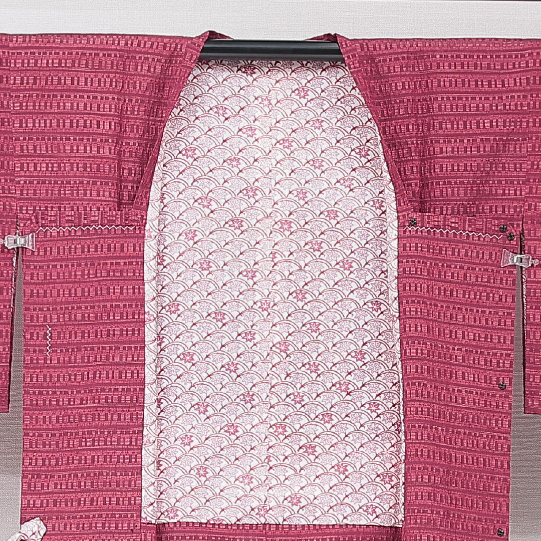 道行コート 袷 身丈86cm 裄丈64cm 正絹 Sランク カジュアル Mサイズ ふくれ織 ポケットあり 縞 赤系 RP 1237-15323