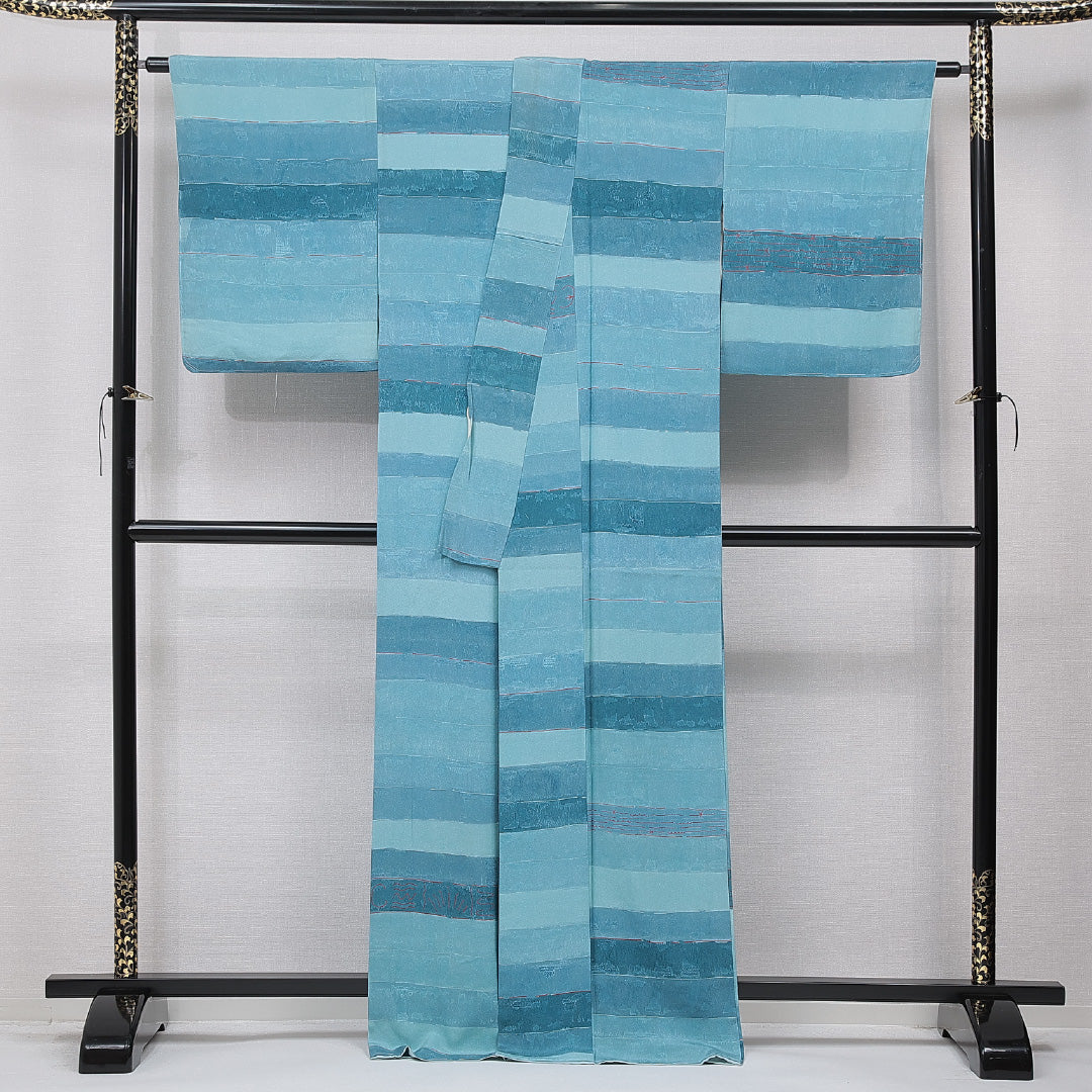 小紋 袷 身丈168cm 裄丈67cm 正絹 Cランク XLサイズ 広衿 インフォーマル 抽象柄 青系 水色系 1215-15656