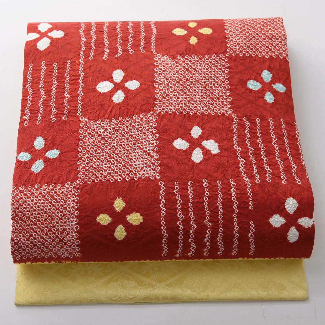 九寸名古屋帯 帯丈351cm カジュアル 名古屋仕立て ポイント柄 Cランク 正絹 染め帯 創作柄 黄系 1224-03763