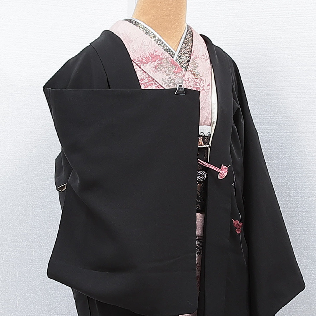 羽織 袷 身丈79cm 裄丈64cm 正絹 Cランク カジュアル Mサイズ 織り出し 紐あり 撫子 黒系 LP 1232-15311