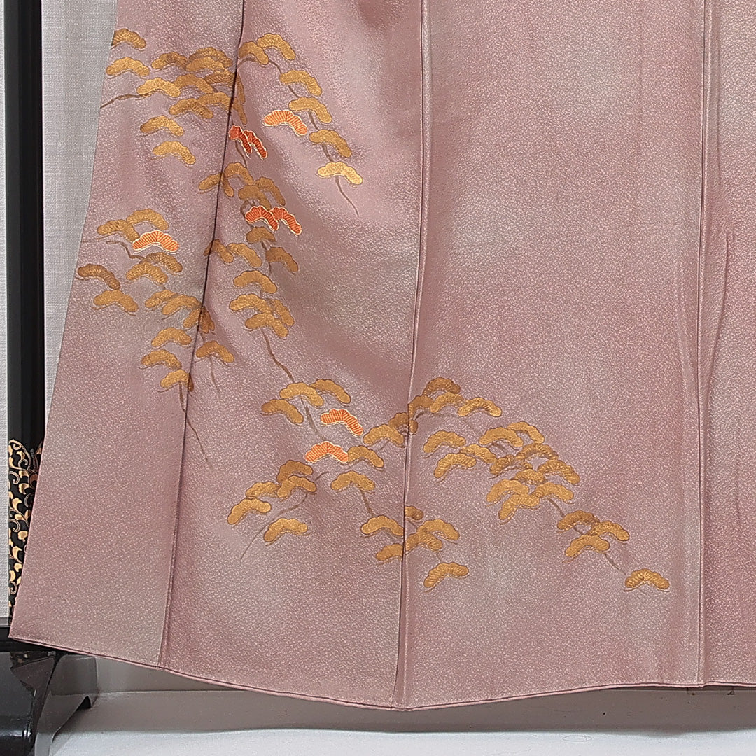 訪問着 袷 身丈160cm 裄丈66cm 正絹 Sランク Lサイズ 広衿 セミフォーマル 笠松 ぼかし染 刺繍 金駒刺繍 ピンク系 茶系 1212-16868