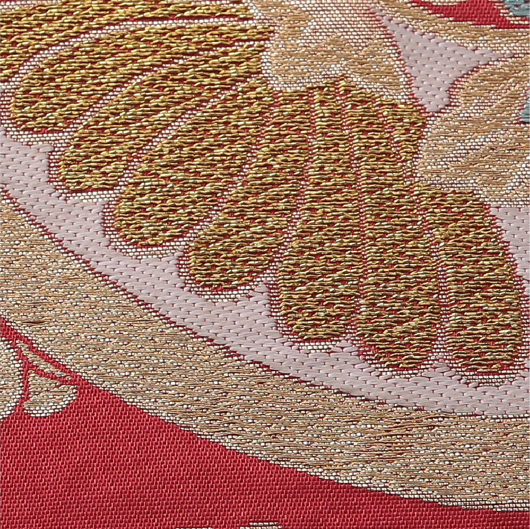 九寸名古屋帯 帯丈396cm セミフォーマル 開き仕立て 六通 Cランク 正絹 有職文様 赤系 1224-03499