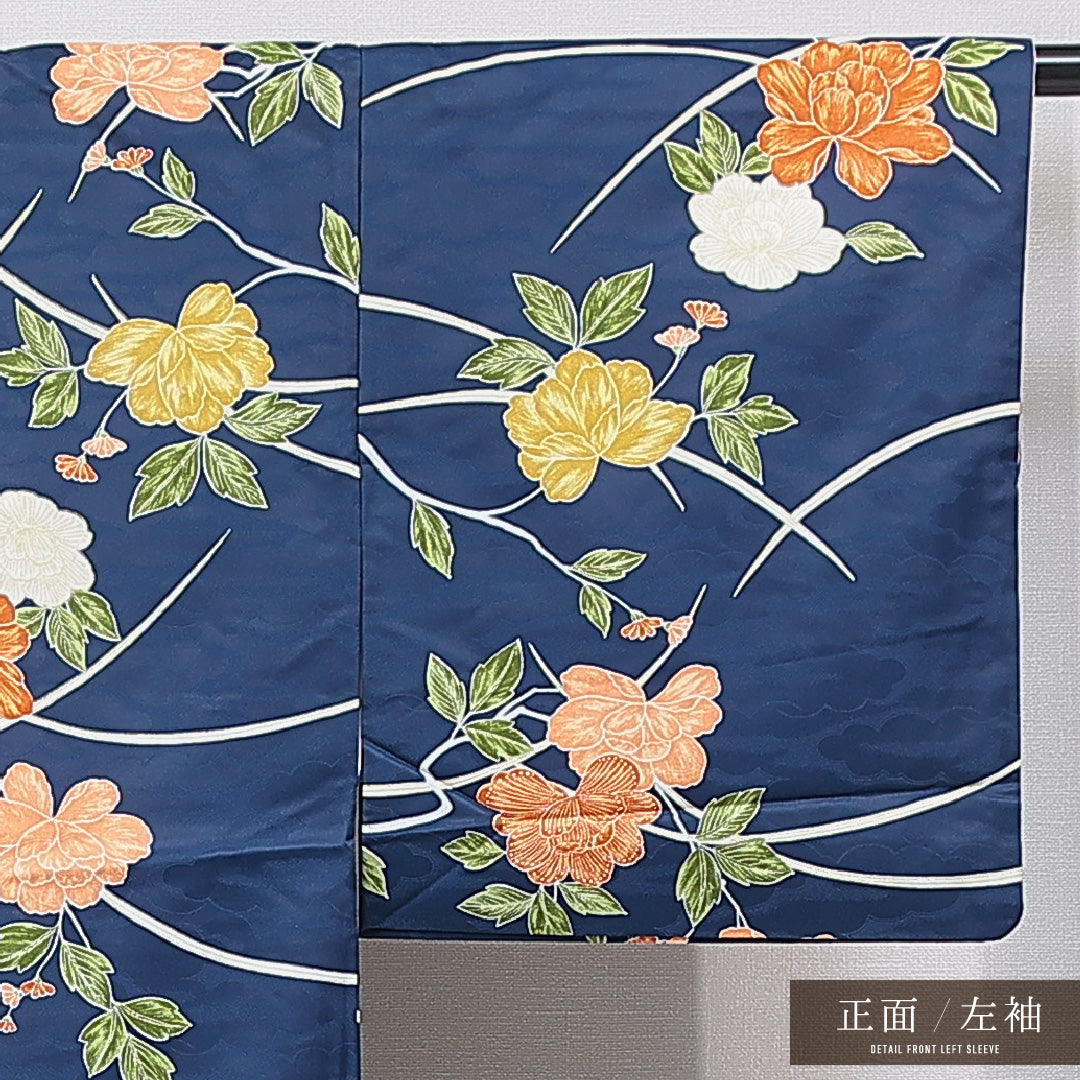 小紋 洗える着物 袷 身丈156cm 裄丈63cm ポリエステル Bランク Mサイズ 広衿 インフォーマル 牡丹 青系 1215-15802