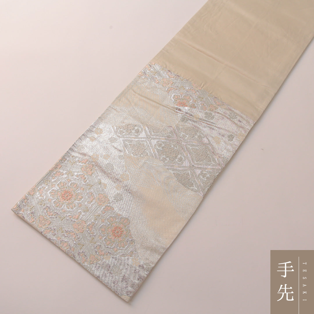 袋帯 帯丈424cm 正絹 六通 フォーマル 道長取り 菱つなぎ 白系 銀系 1243-01914