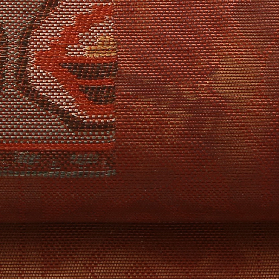 袋帯 帯丈428cm セミフォーマル 六通 Aランク 正絹 創作柄 朱系 1223-01907