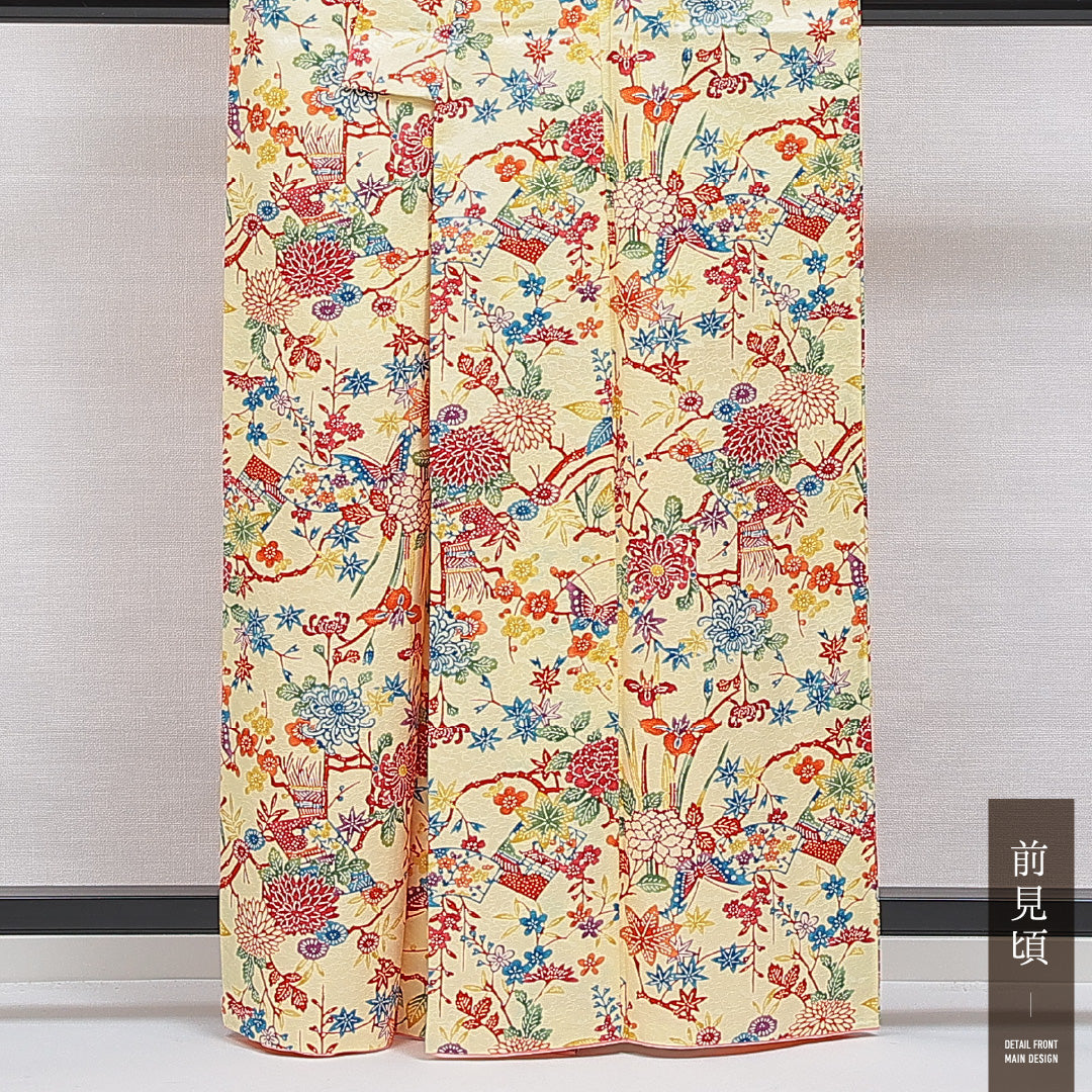 洗える着物 小紋 袷 身丈162cm 裄丈66cm ポリエステル Sランク インフォーマル バチ衿 Lサイズ 蝶 菊 菖蒲 黄系 RP 1221-15996