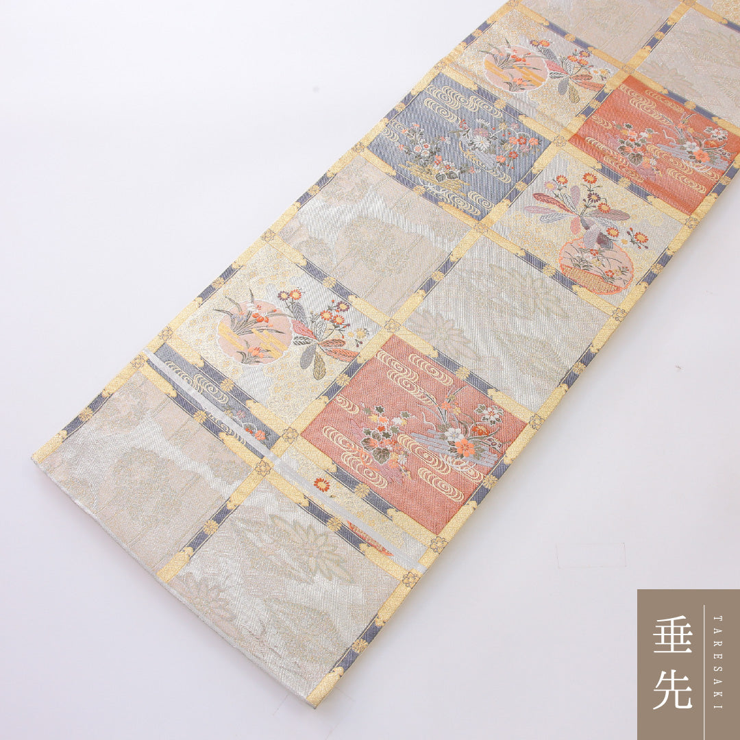 袋帯 帯丈448cm 正絹 六通 フォーマル 格天井 吉祥文様 クリーム系 1243-02219