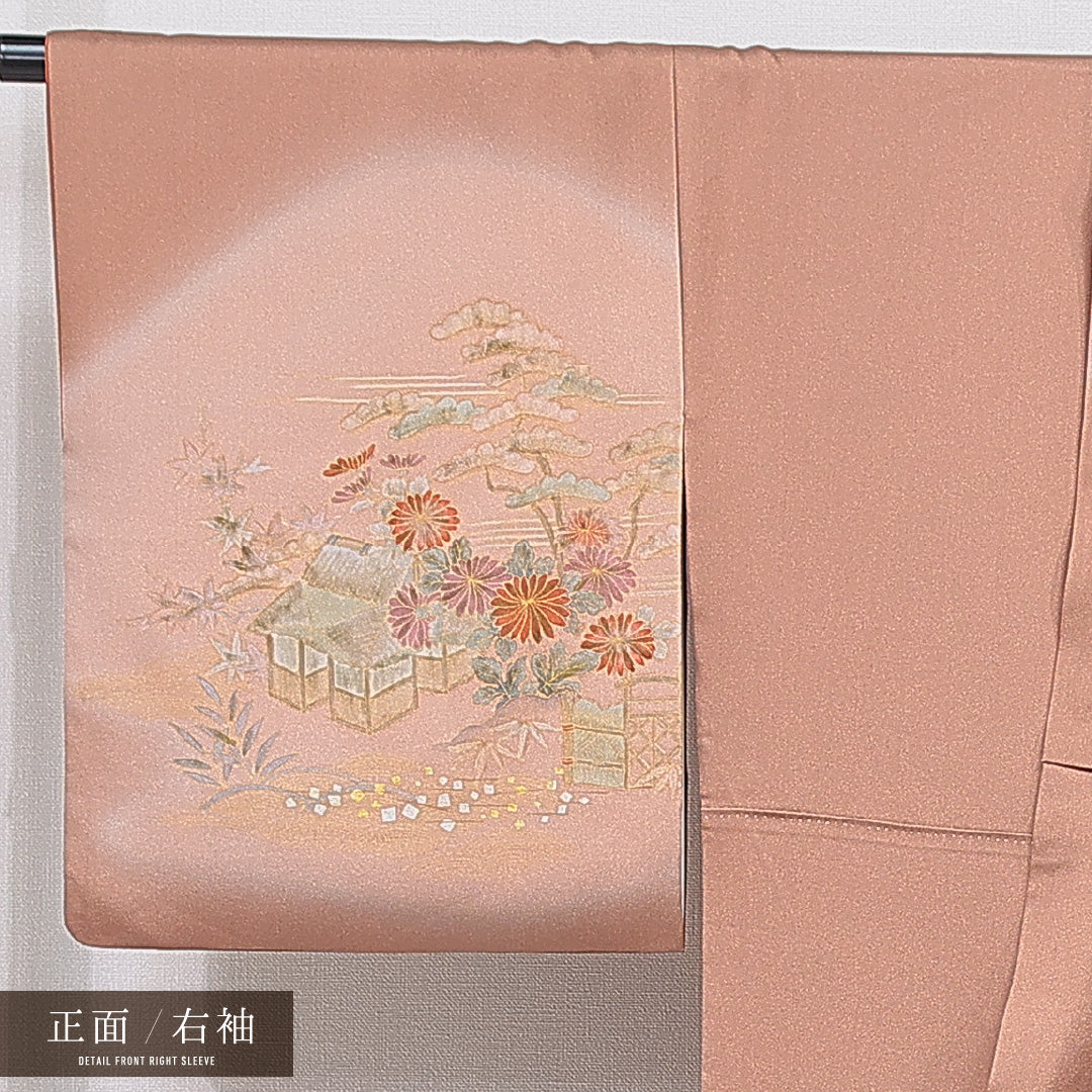 訪問着 袷 身丈172cm 裄丈65cm 正絹 Cランク セミフォーマル 広衿 2XLサイズ 茶屋辻 古典的 優しい 茶系 HP 1217-15708
