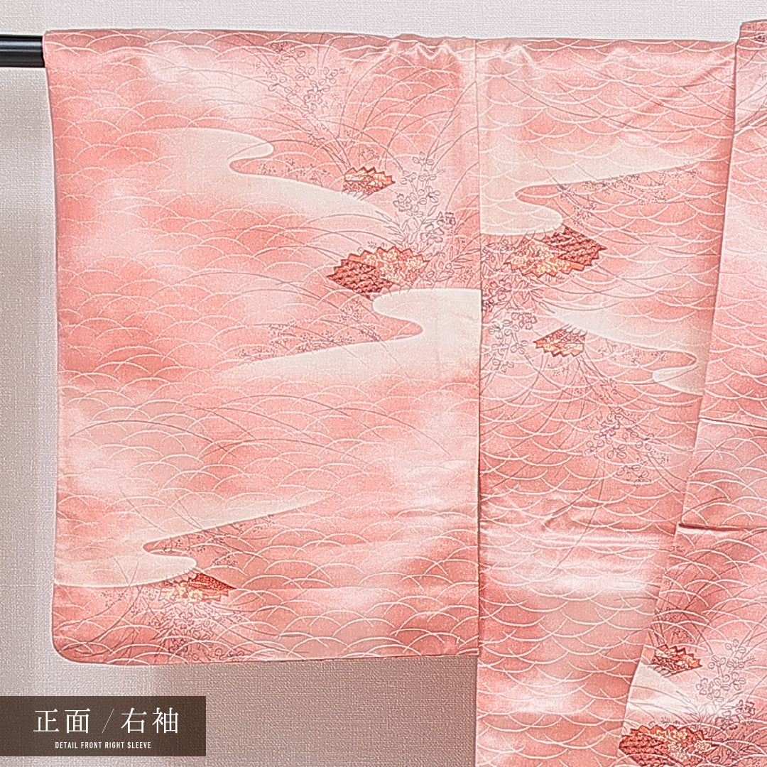 洗える着物 小紋 袷 身丈158cm 裄丈64cm ポリエステル Sランク インフォーマル 広衿 Mサイズ エ霞 桜 ピンク系 RP 1221-15993