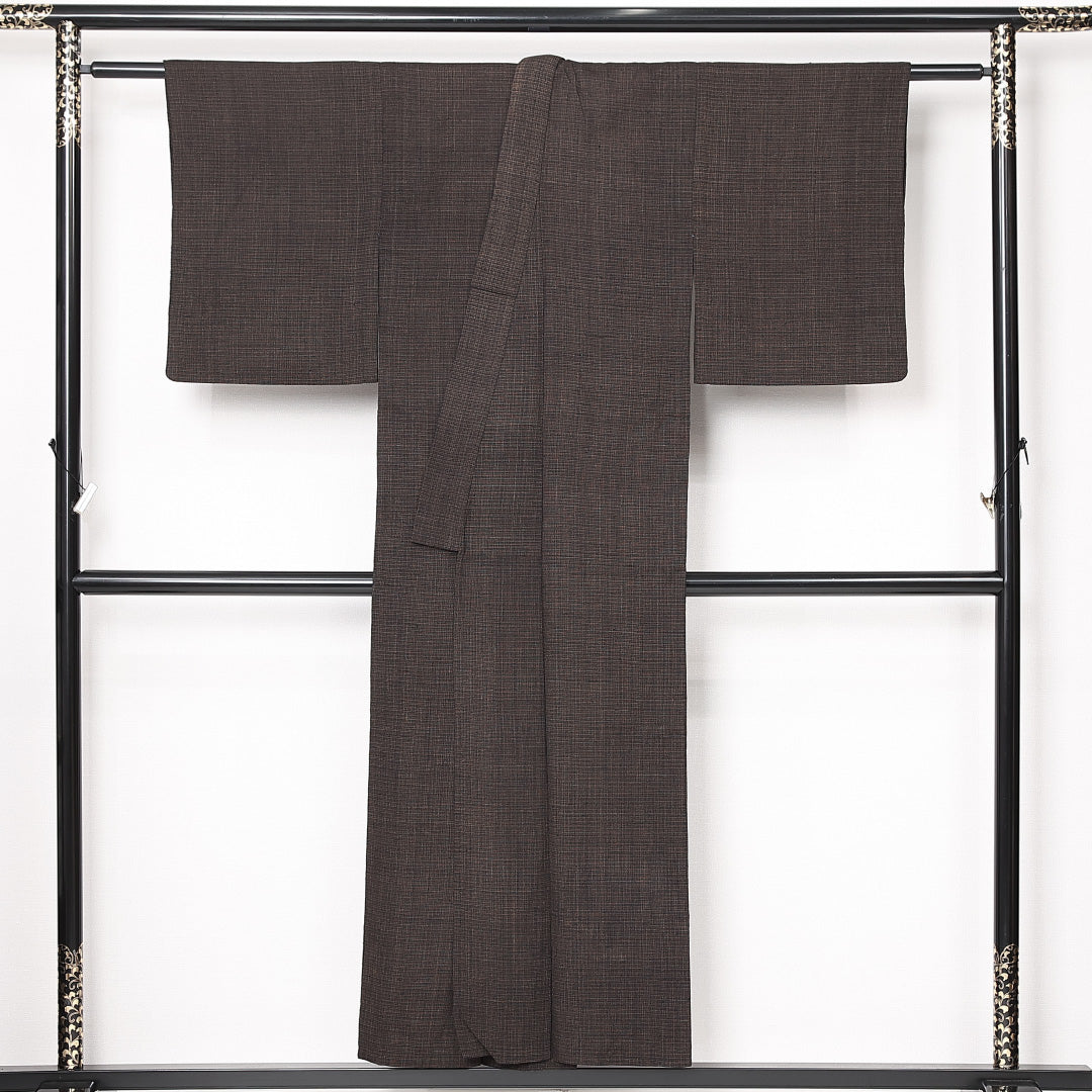 アンティーク 木綿の紬(書生絣) 洗える着物 単衣 身丈150cm 裄丈63cm 木綿 Cランク Sサイズ 棒衿 肩当て 格子 茶系 1216-13078