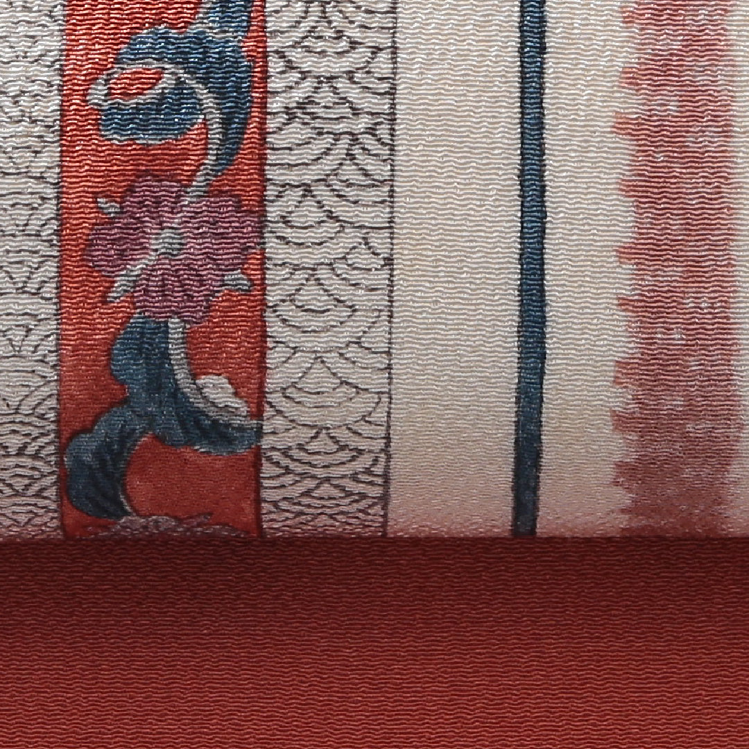 九寸名古屋帯 帯丈370cm インフォーマル 名古屋仕立て 全通 Cランク 正絹 染め帯 ちりめん 更紗 花柄 植物柄 クリーム系 1224-03907