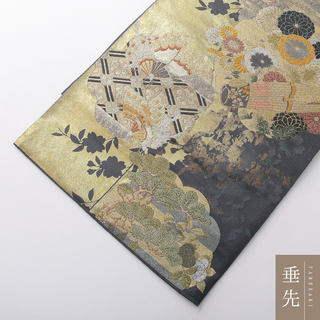袋帯 帯丈440cm 正絹 六通 フォーマル 研き出し引箔袋 楽器 吉祥文様 紺系 金系 1243-02103