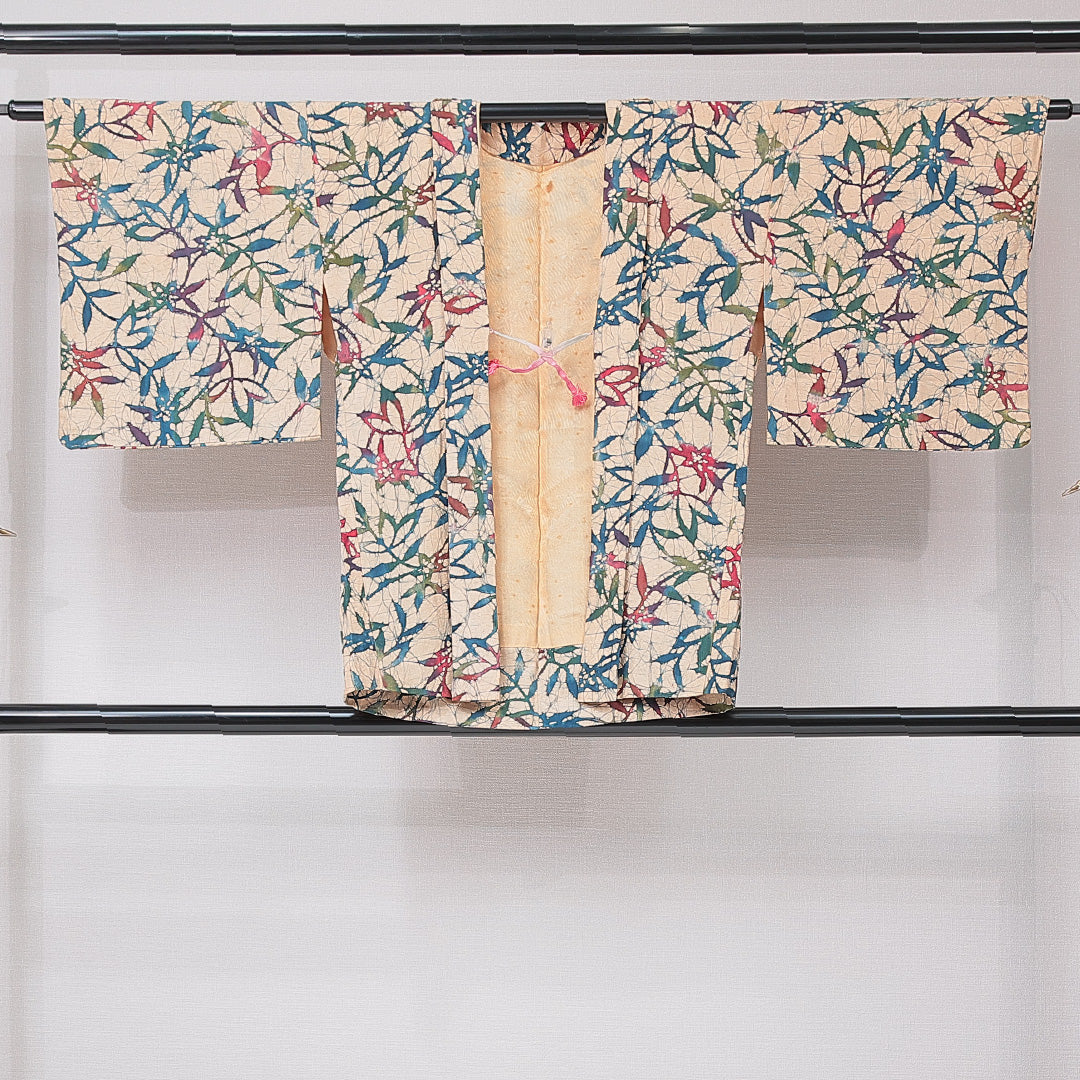 羽織 袷 身丈72cm 裄丈65cm 正絹 Aランク Mサイズ カジュアル 紐あり 植物柄 クリーム系 1217-15121