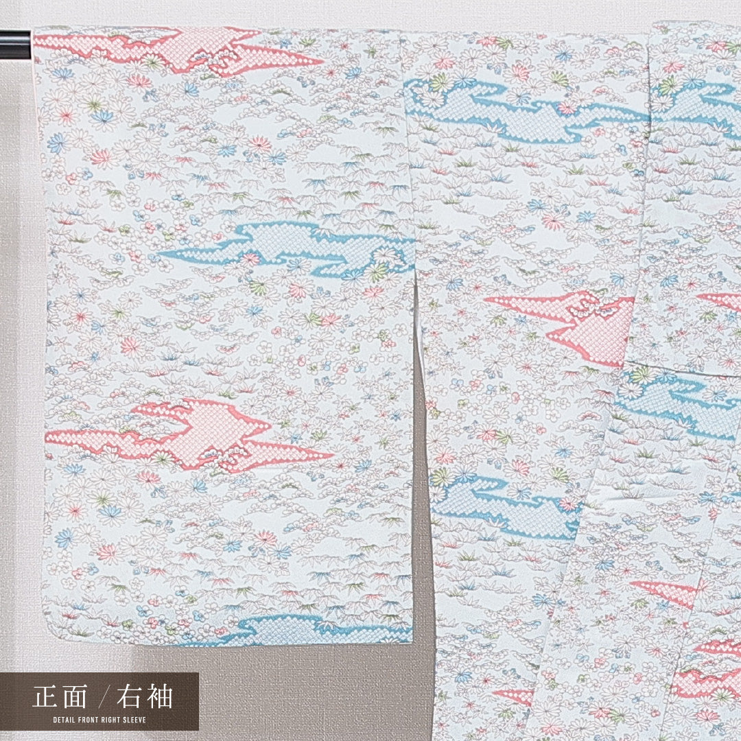 小紋 洗える着物 袷 身丈159cm 裄丈63cm ポリエステル Sランク Mサイズ 広衿 インフォーマル 菊 笠松 水色系 1215-15808