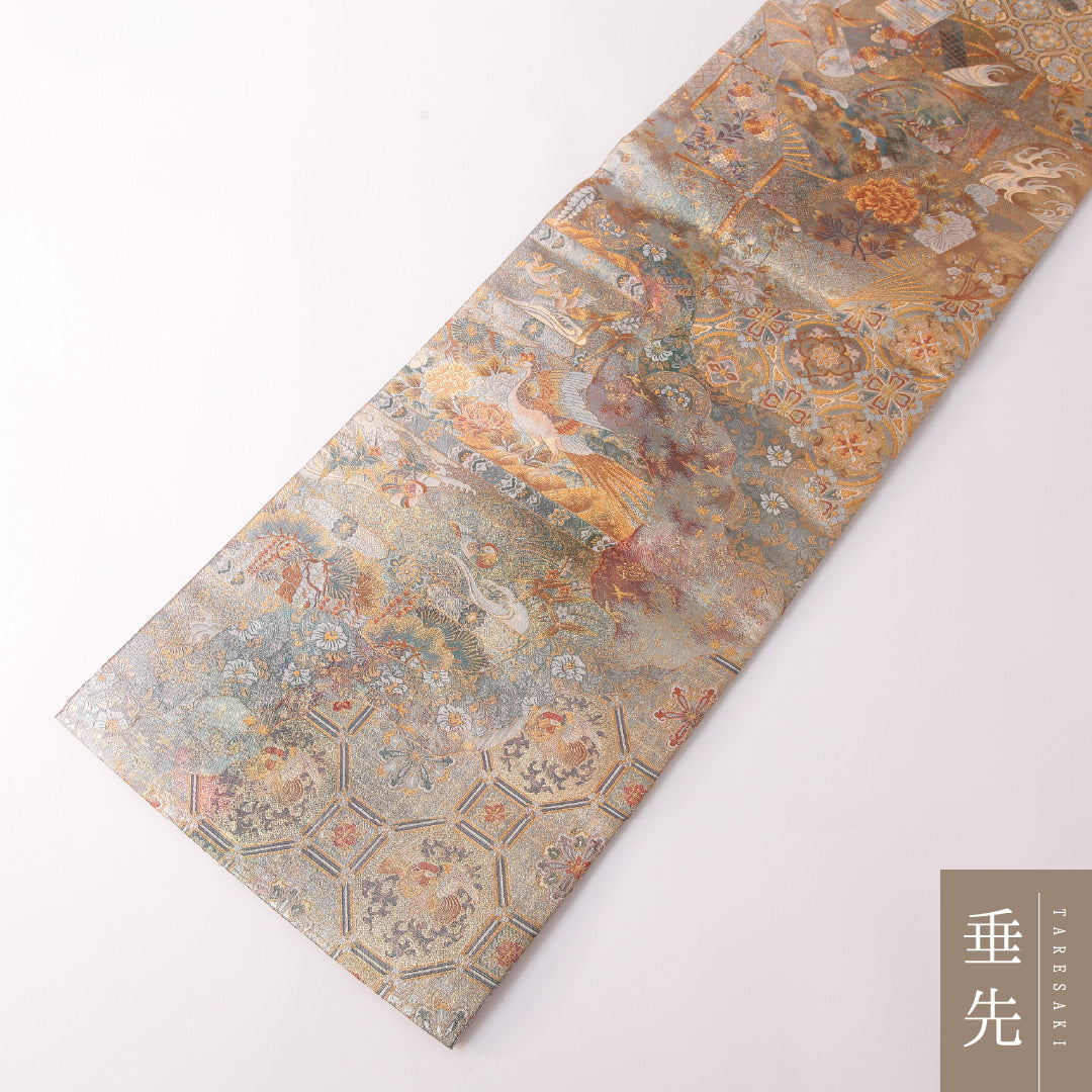 袋帯 帯丈456cm 正絹 全通 リバーシブル フォーマル 鏡裏文 格天井 金系 グレー系 1243-01842