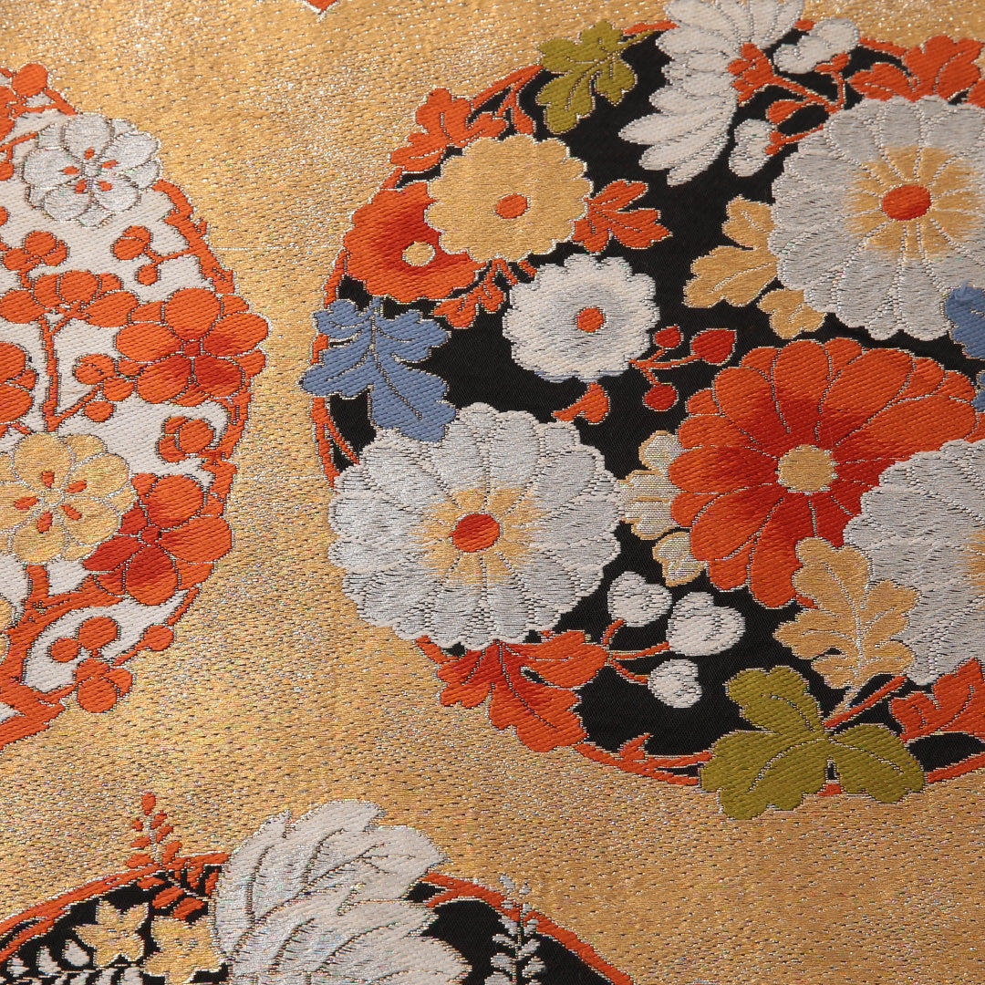 アンティーク 袋帯 帯丈400cm 六通 Bランク 正絹 菊 桐 金系 1223-01871