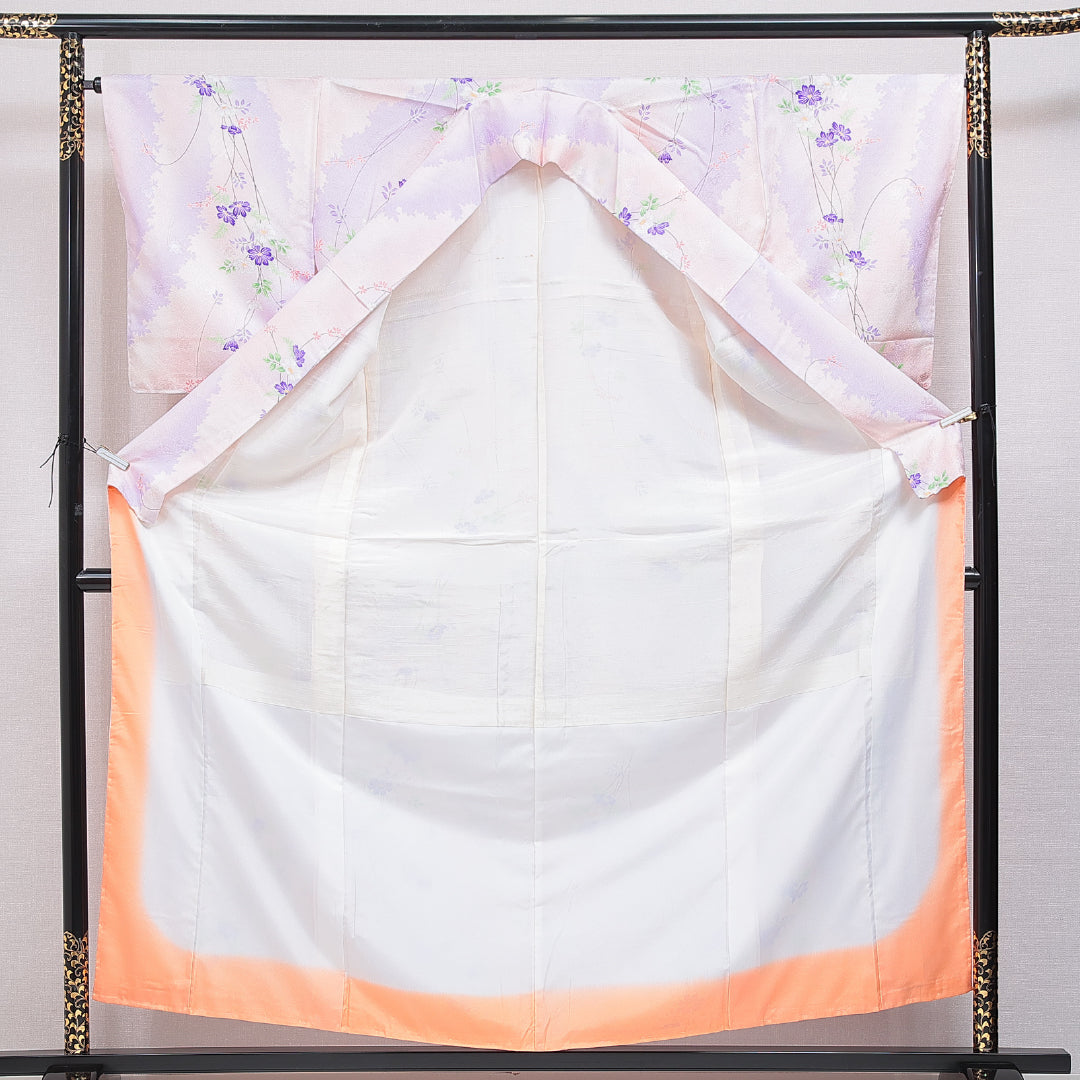 洗える着物 小紋 袷 身丈158cm 裄丈66cm ポリエステル Bランク インフォーマル 広衿 Mサイズ 花柄 ピンク系 HP 1221-16325