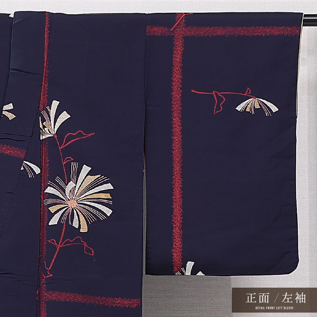 アンティーク お召 袷 身丈150cm 裄丈62cm 正絹 Dランク Sサイズ バチ衿 菊 紫系 1265-15042