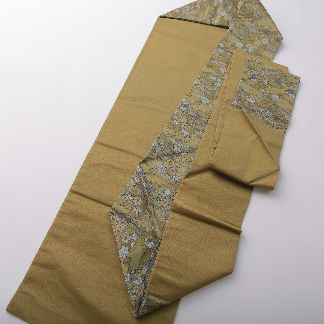 九寸名古屋帯 帯丈342cm セミフォーマル 名古屋仕立て 六通 Aランク 正絹 橋 紅葉 緑系 1224-03500