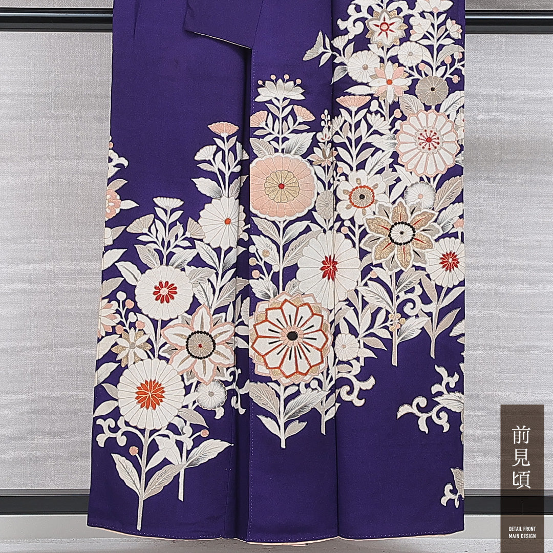 アンティーク 訪問着 袷 身丈156cm 裄丈61cm 正絹 Bランク Mサイズ 広衿 花柄 金彩 紫系 1212-15973