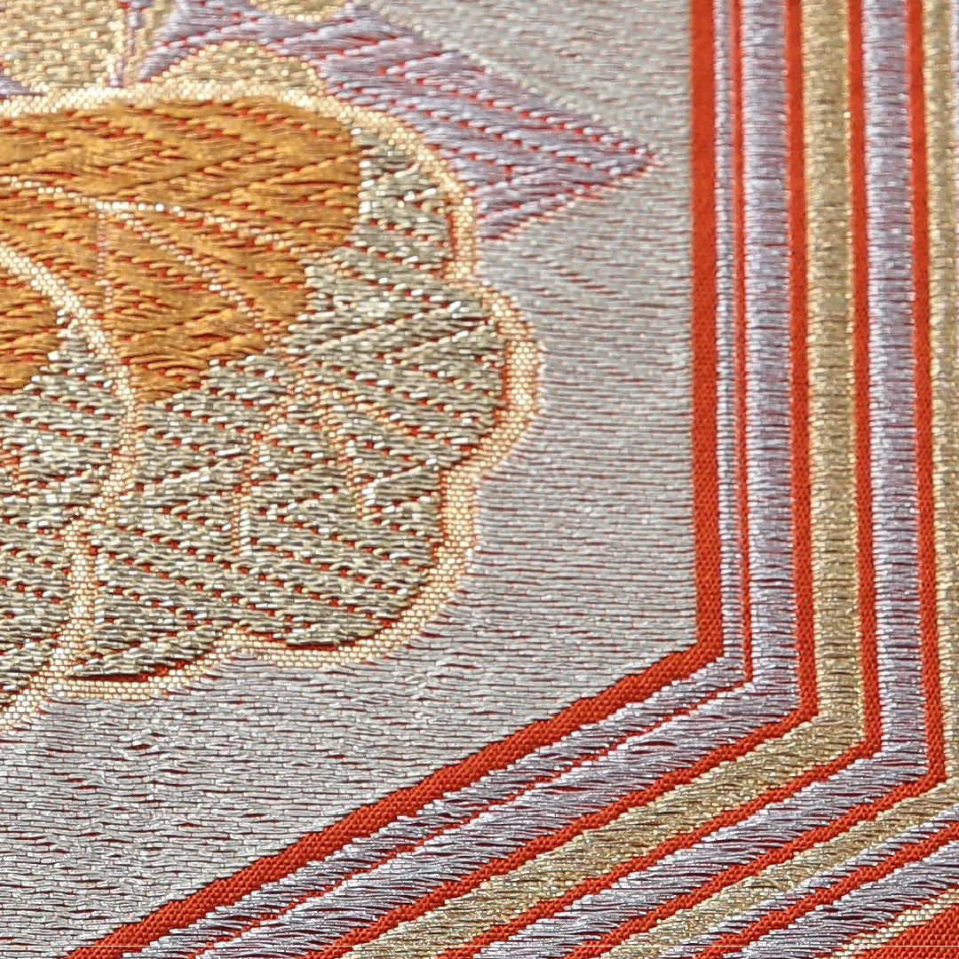 アンティーク 袋帯 帯丈412cm 六通 Aランク 正絹 家紋柄 亀甲 朱系 1223-02075