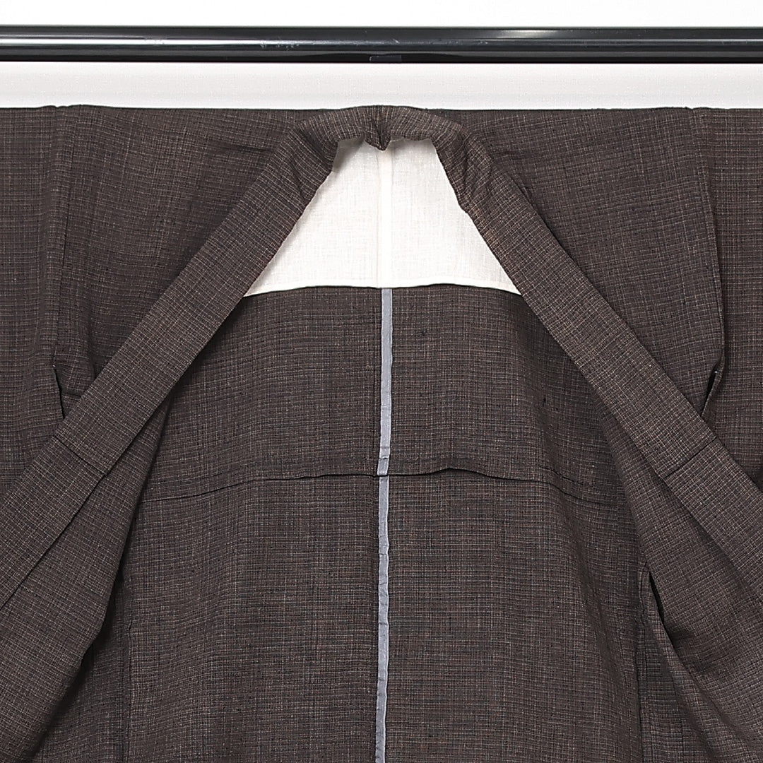 アンティーク 木綿の紬(書生絣) 洗える着物 単衣 身丈150cm 裄丈63cm 木綿 Cランク Sサイズ 棒衿 肩当て 格子 茶系 1216-13078