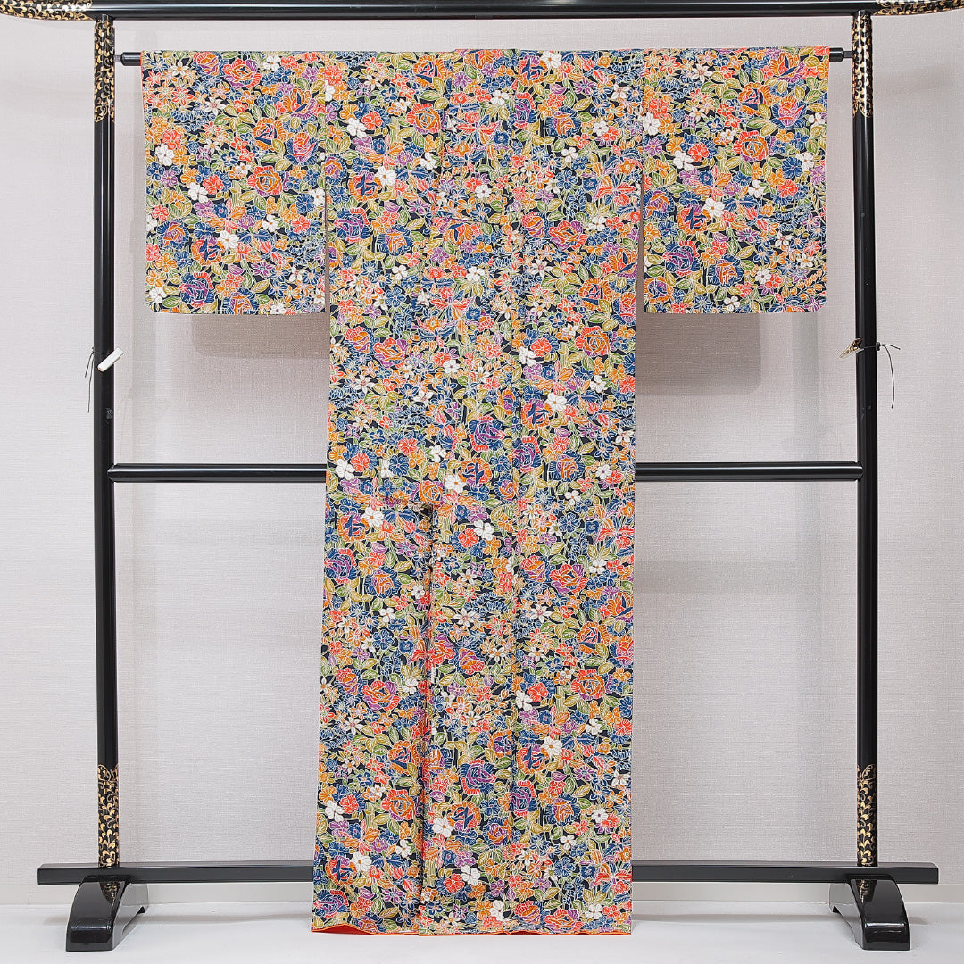 小紋 袷 身丈164cm 裄丈65cm 正絹 Aランク インフォーマル 広衿 Lサイズ 花柄 多色系 RP 1221-15200