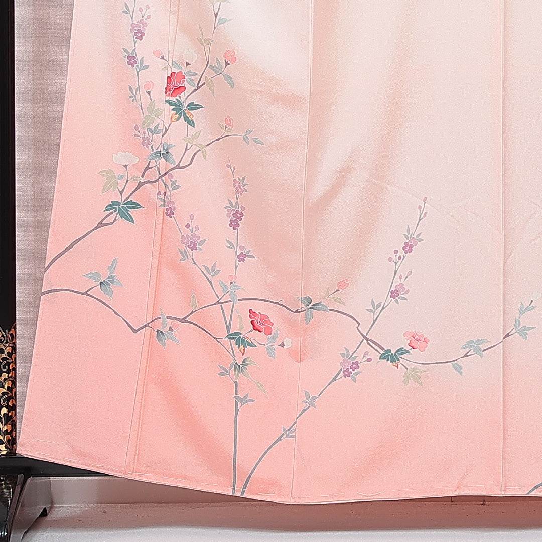 訪問着 袷 身丈160cm 裄丈64cm 正絹 Sランク Lサイズ 広衿 セミフォーマル 加賀友禅 花柄 ピンク系 1212-15703