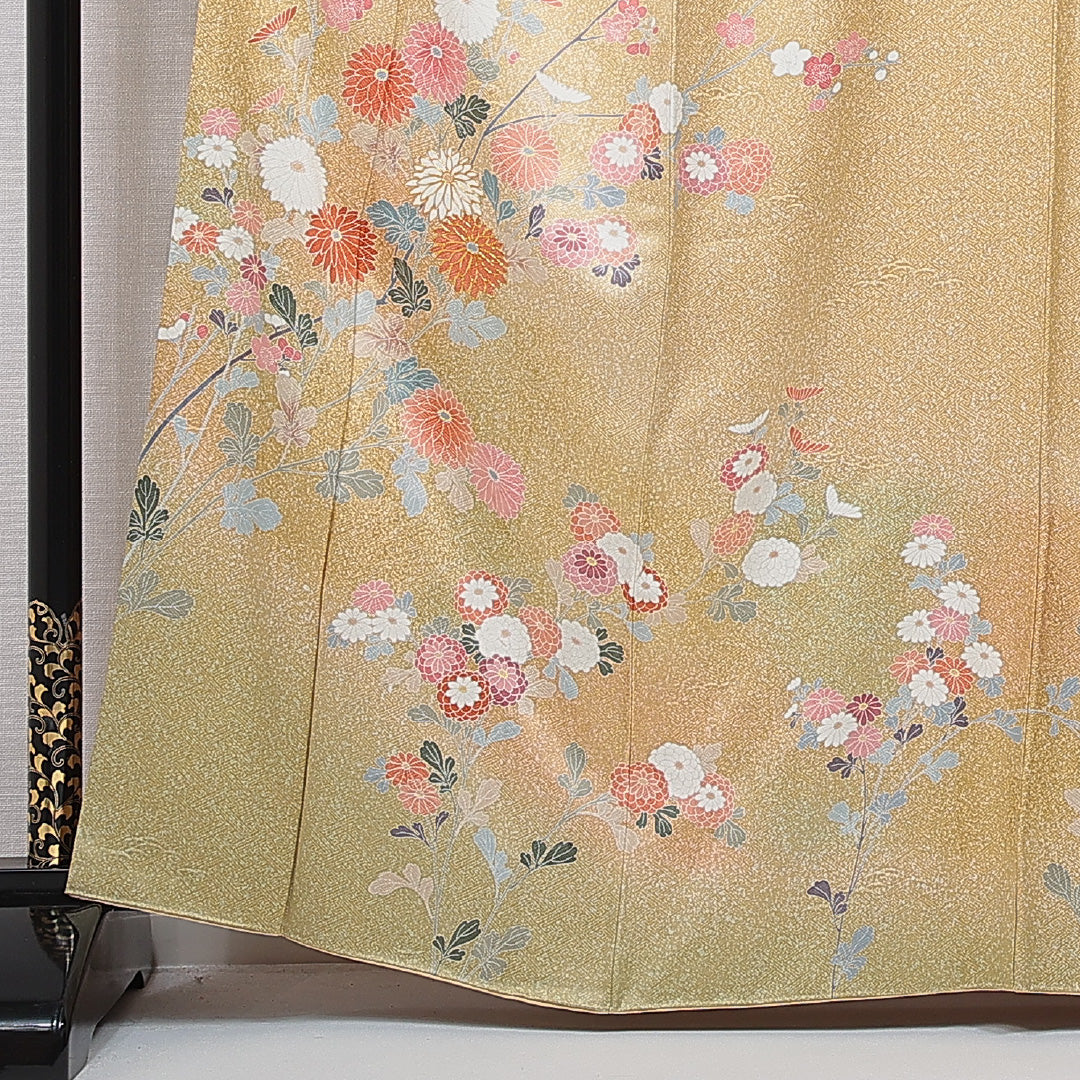 訪問着 袷 身丈162cm 裄丈66cm 正絹 Sランク Lサイズ 広衿 セミフォーマル 菊 ぼかし染 金系 1212-15722