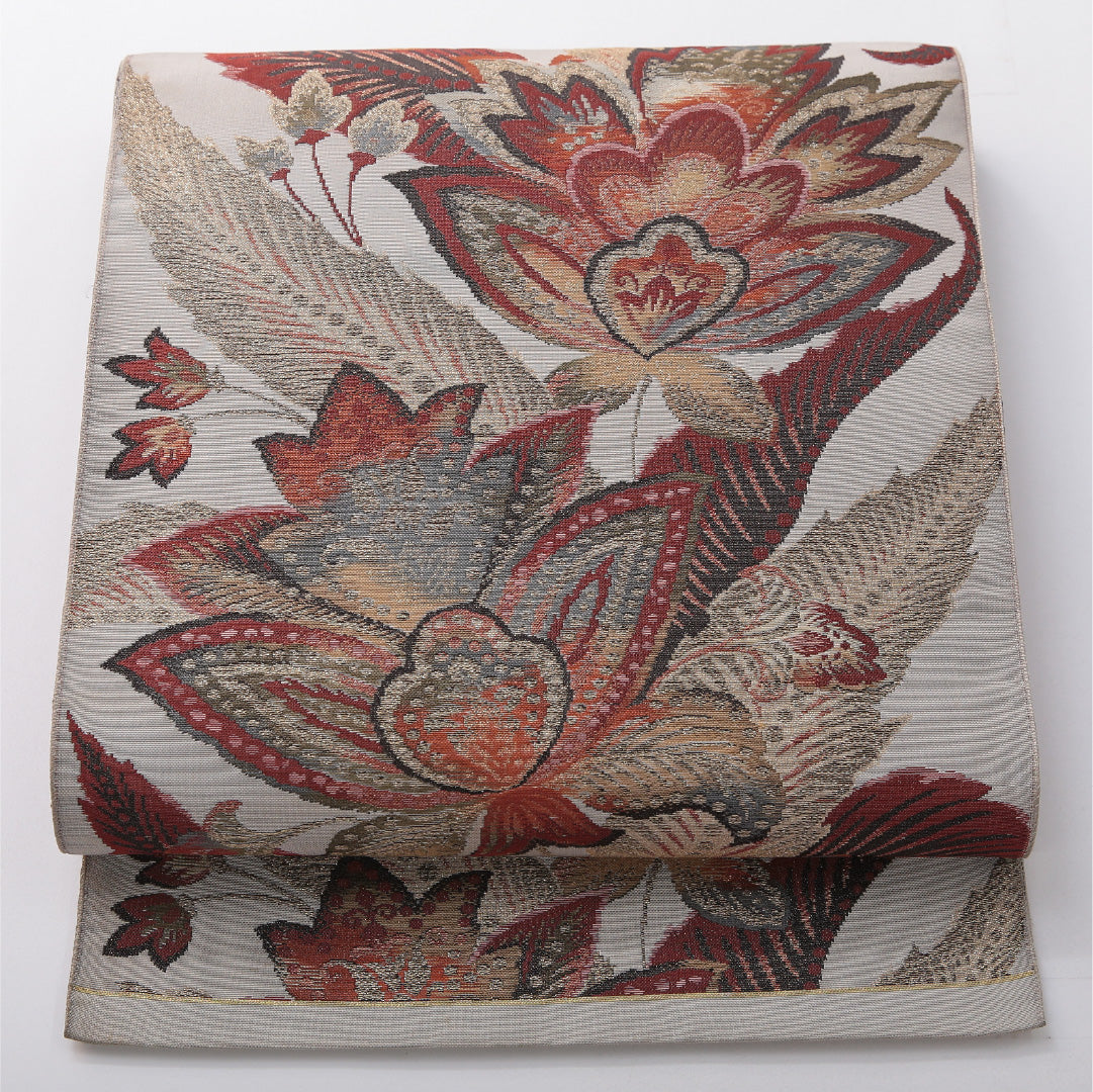 アンティーク 八寸名古屋帯 帯丈364cm セミフォーマル 開き仕立て ポイント柄 Aランク 正絹 綴れ織 ペルシャ文様 ベージュ系 多色系 1224-03688