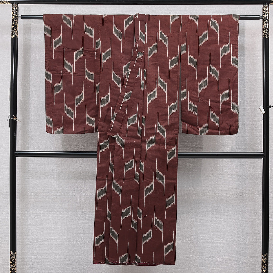 アンティーク 紬 袷 身丈140cm 裄丈61cm 正絹 Cランク 広衿 XSサイズ 絣 茶系 RP 1223-15515