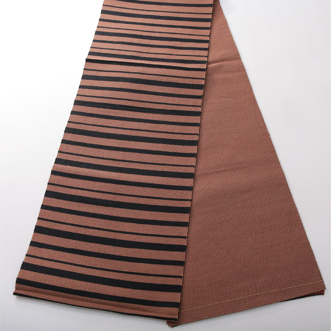 八寸名古屋帯 帯丈340cm カジュアル 開き仕立て 全通 未仕立て Sランク 正絹 博多織 縞 朱系 1224-03821