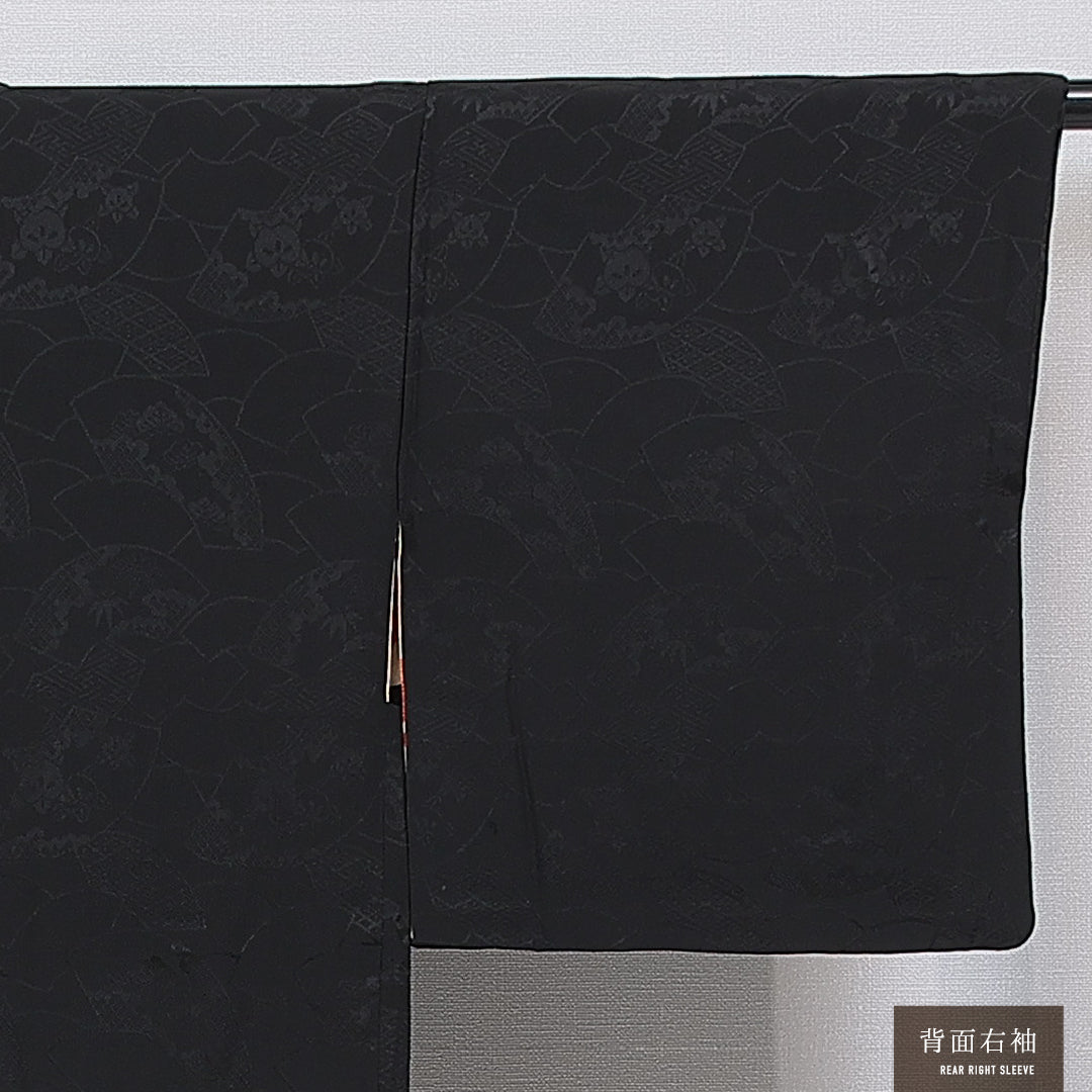 黒羽織 袷 身丈75cm 裄丈62cm 正絹 Aランク 一つ紋 (五三桐) 紋意匠 (吉祥文様) セミフォーマル Sサイズ 織り出し 紐あり 黒系 RP 1233-16121