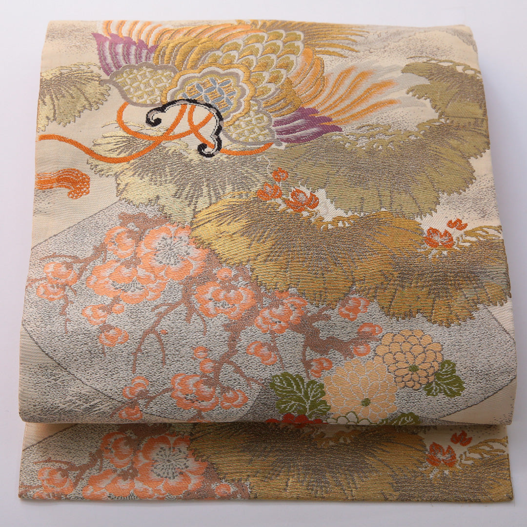 アンティーク 九寸名古屋帯 帯丈341cm セミフォーマル 名古屋仕立て 全通 Aランク 正絹 吉祥文様 桐 クリーム系 1224-03525