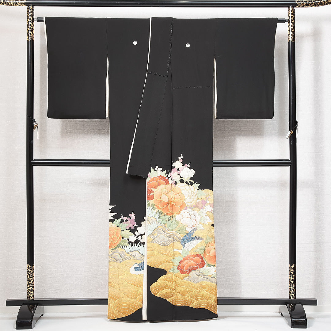 黒留袖 袷 身丈160cm 裄丈61cm 五つ紋 浮線柏 フォーマル Aランク Lサイズ 正絹 比翼仕立て 広衿 鶴 金駒刺繍 1211-F0630