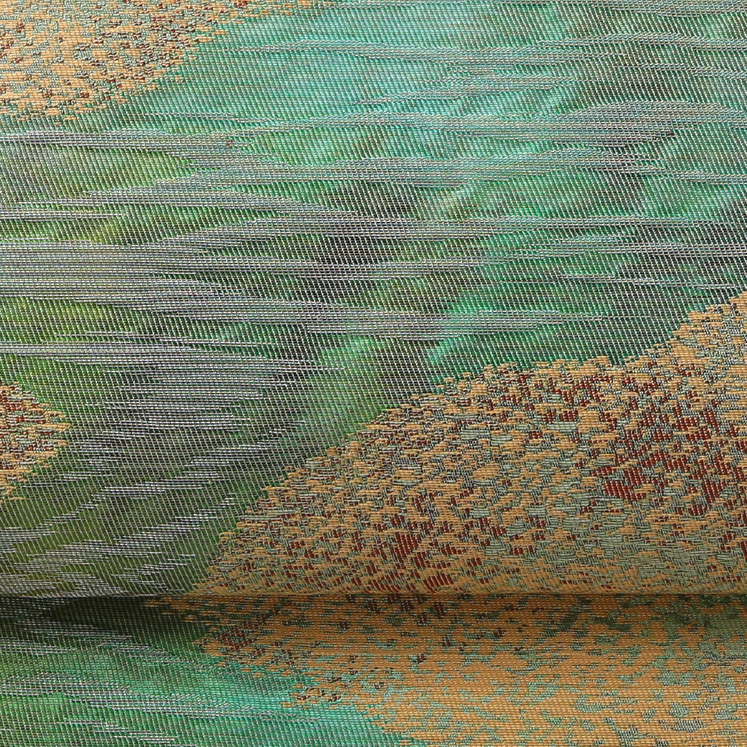 袋帯 帯丈418cm 正絹 六通 帯芯なし セミフォーマル 綴れ織 山 緑系 金系 1243-02042